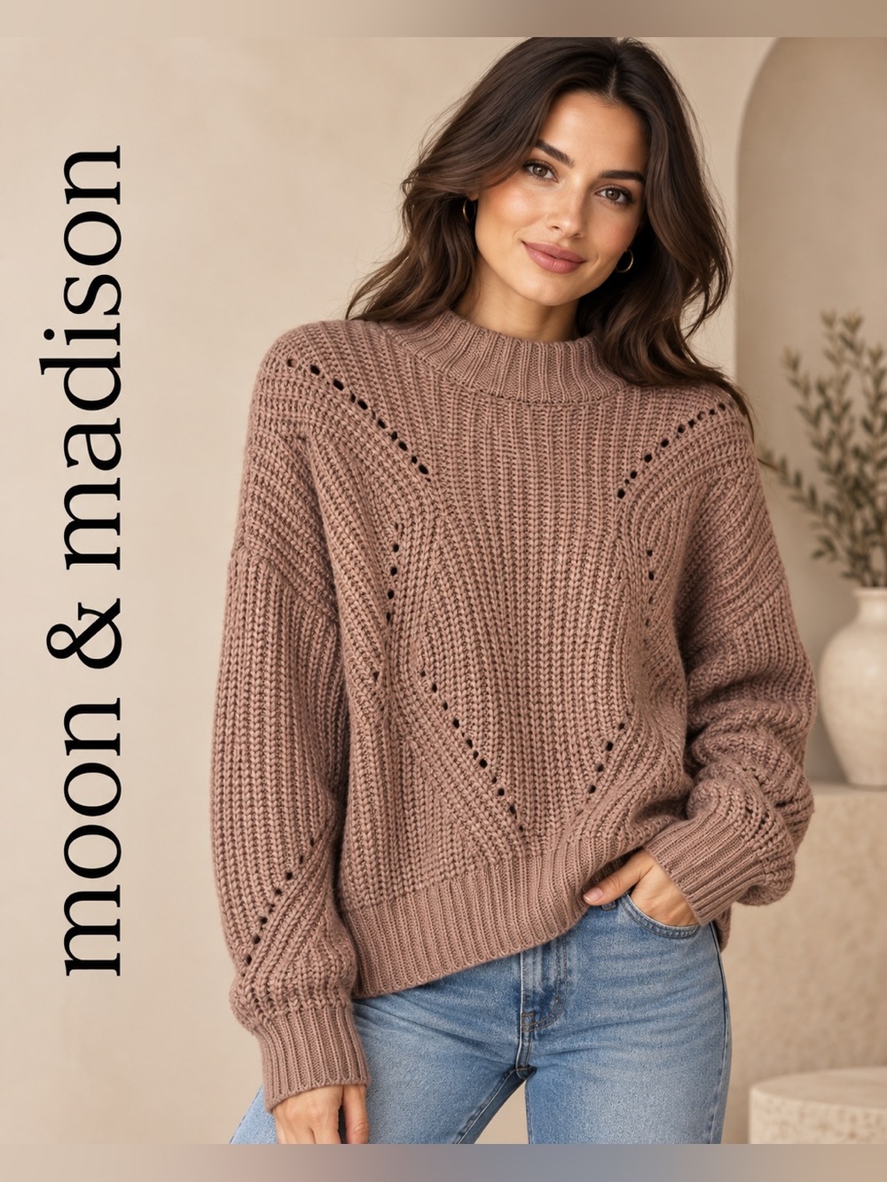 Moon & Madison Chunky Knit Mock Neck Crop Sweater Beige Tan XS